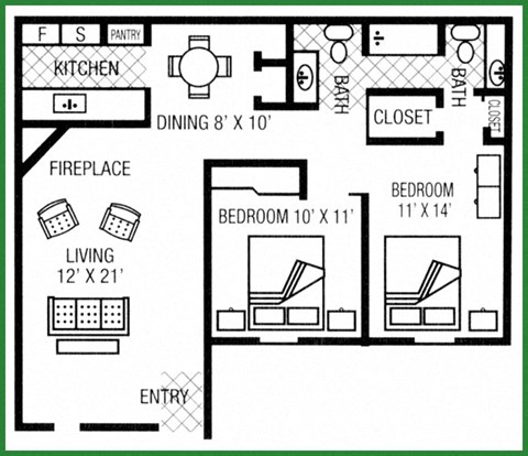 Floor plan for 2 beds, 1.5 baths, 925 sqft